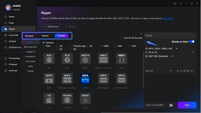 Choose Output Format in DVDFab