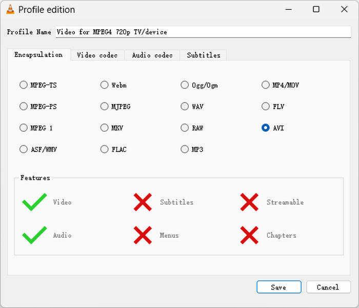Create an AVI Profile in VLC