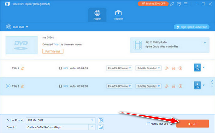 Start Ripping to AVI