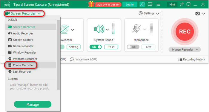 Select Phone Recorder in Tipard Screen Capture