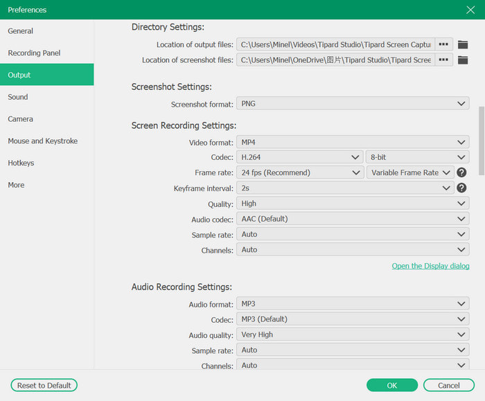 Settings Output