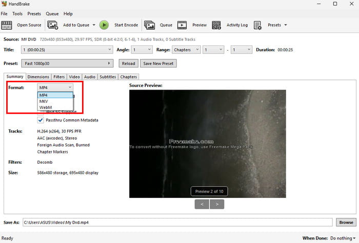 Format MP4 in Handbrake