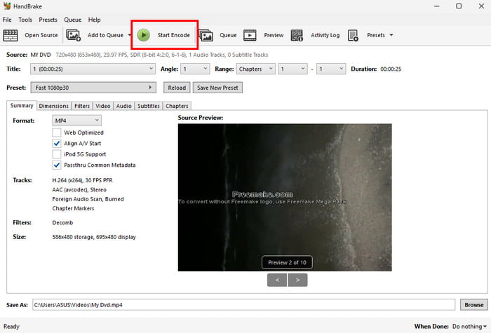 Start Encode in Handbrake