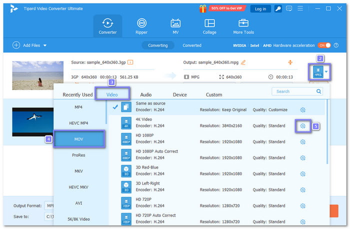 Choose MOV Under Video Tab