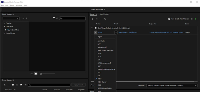 Select H.264 in Media Encoder