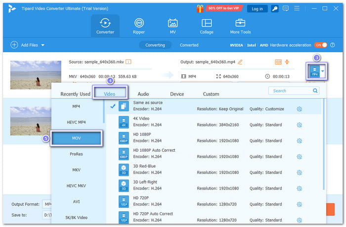 Select MOV Under the Video Tab