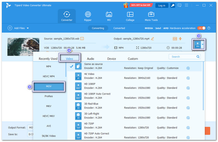 Select MOV as the Output Format