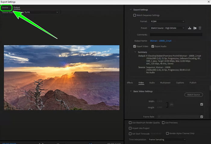 Export Settings Window Source Premiere