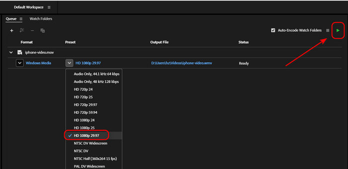 Convert MOV to WMV with Adobe Media Encoder
