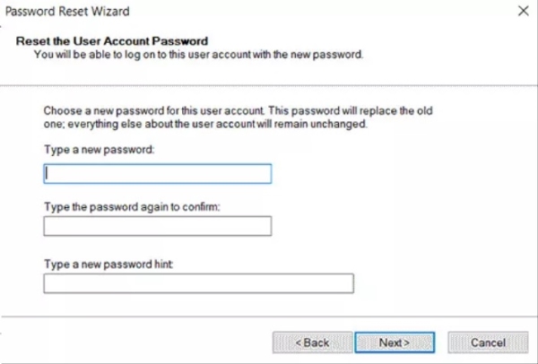 Password Reset Wizard Screen